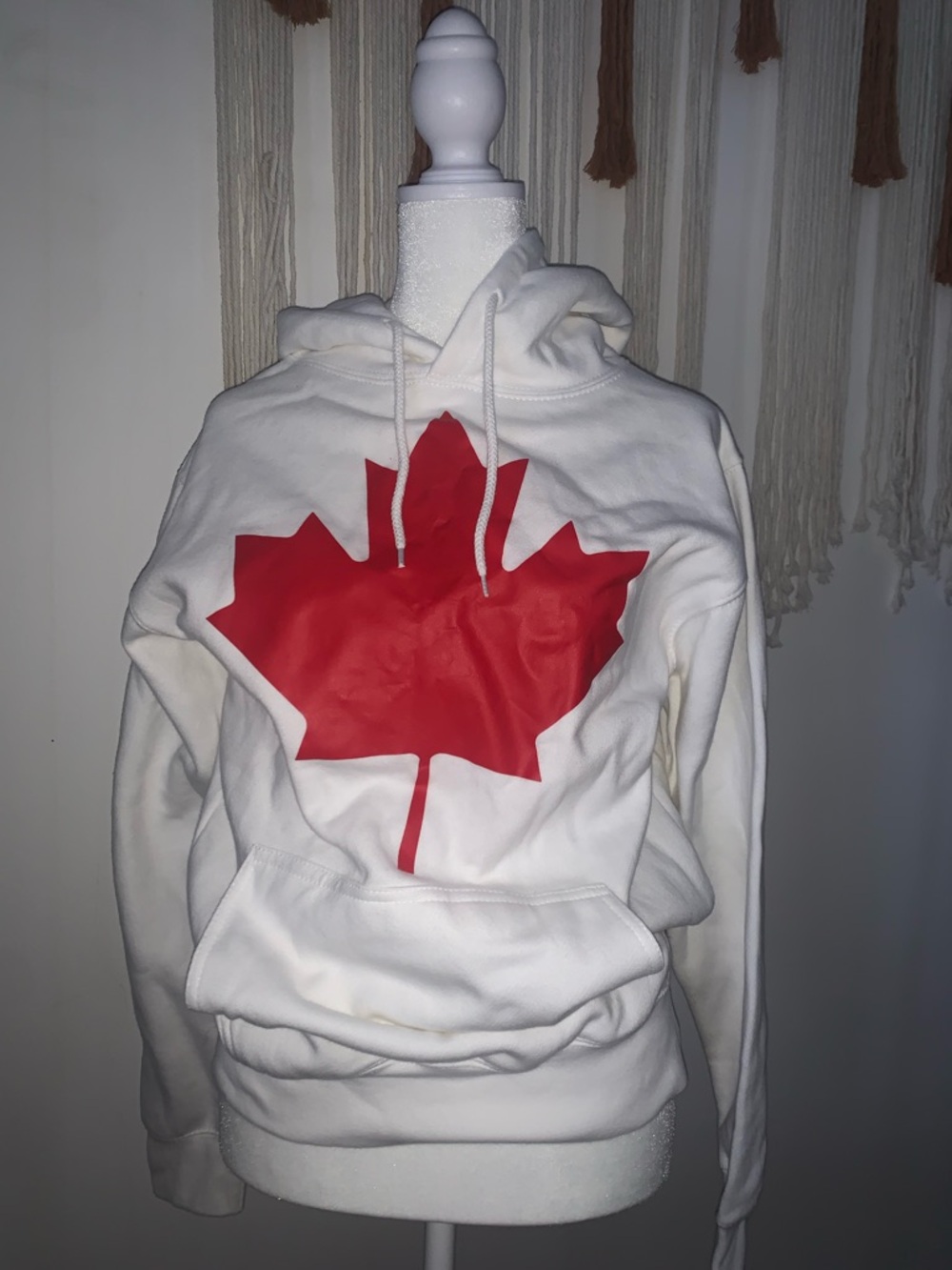 White Hoodie with Red Maple Leaf Graphic